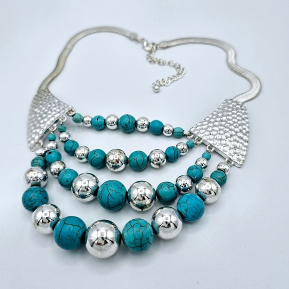 Faux Turquoise Necklace Bib Silvertone Multi Layer Beaded Statement Jewelry - Picture 8 of 8